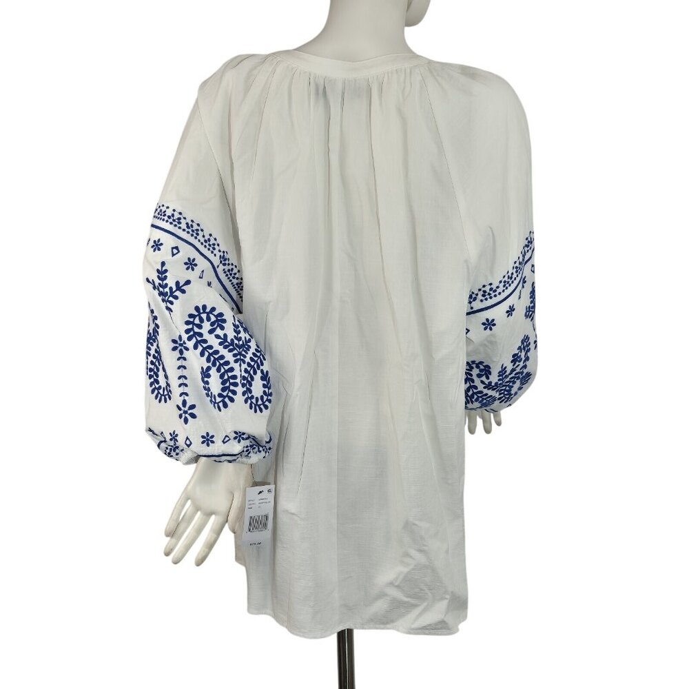 Calessa Women's Top Size XL White Blue Embroidered Crew Neck 3/4 Sleeve Tunic 27 - Picture 4 of 13